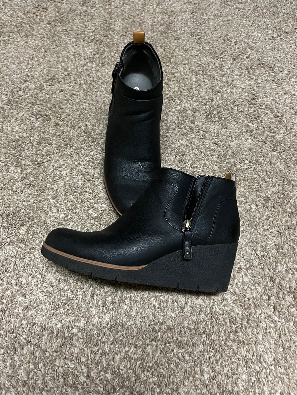 Dr. Scholl's Bianca Black Wedge Booties with Tan Pull Tab